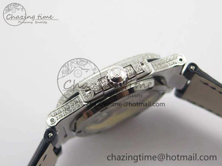 Nautilus Jumbo 5711 SS Full Paved Diamonds Blue Dial On Blue Croc Leather Strap A ComfortFit 9022