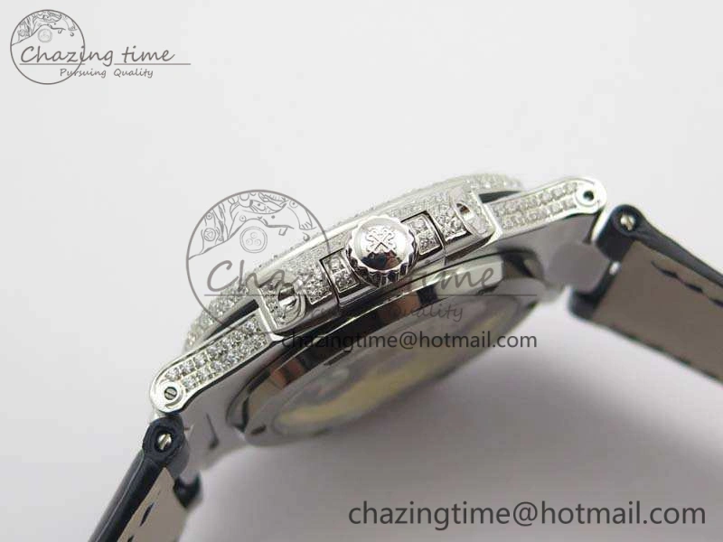 Nautilus Jumbo 5711 SS Full Paved Diamonds Blue Dial On Blue Croc Leather Strap A ComfortFit 9022