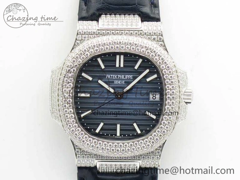 Nautilus Jumbo 5711 SS Full Paved Diamonds Blue Dial On Blue Croc Leather Strap A ComfortFit 9022