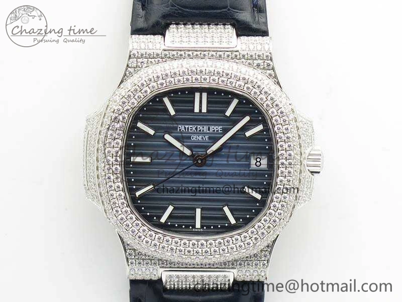 Nautilus Jumbo 5711 SS Full Paved Diamonds Blue Dial On Blue Croc Leather Strap A ComfortFit 9022