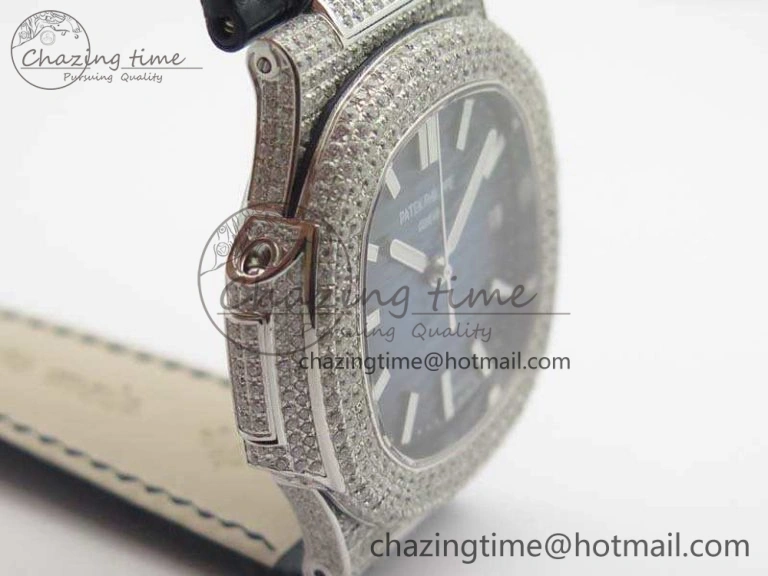 Nautilus Jumbo 5711 SS Full Paved Diamonds Blue Dial On Blue Croc Leather Strap A ComfortFit 9022