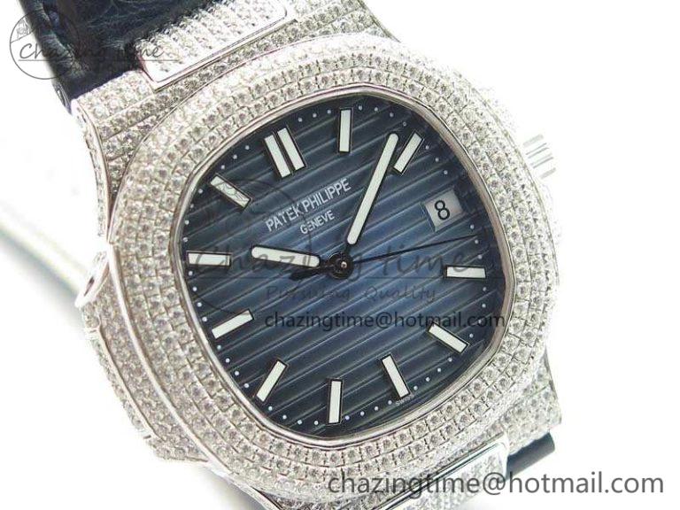 Nautilus Jumbo 5711 SS Full Paved Diamonds Blue Dial On Blue Croc Leather Strap A ComfortFit 9022