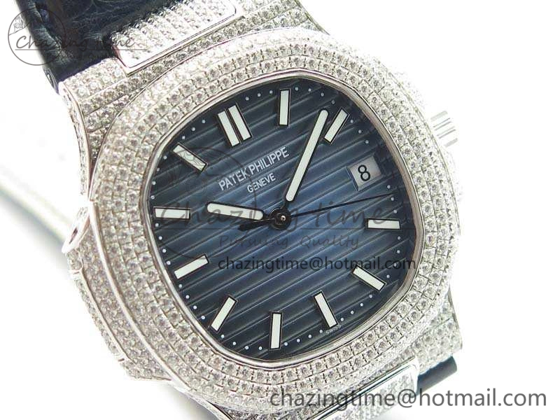 Nautilus Jumbo 5711 SS Full Paved Diamonds Blue Dial On Blue Croc Leather Strap A ComfortFit 9022