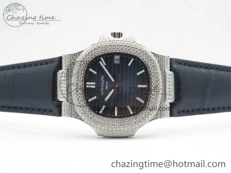 Nautilus Jumbo 5711 SS Full Paved Diamonds Blue Dial On Blue Croc Leather Strap A ComfortFit 9022