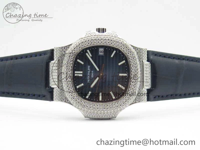 Nautilus Jumbo 5711 SS Full Paved Diamonds Blue Dial On Blue Croc Leather Strap A ComfortFit 9022