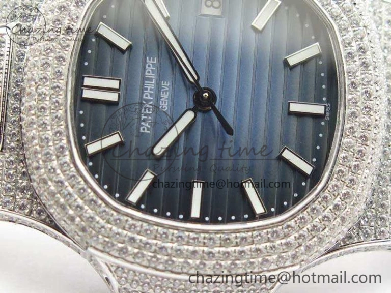 Nautilus Jumbo 5711 SS Full Paved Diamonds Blue Dial On Blue Croc Leather Strap A ComfortFit 9022