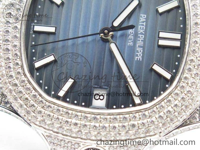 Nautilus Jumbo 5711 SS Full Paved Diamonds Blue Dial On Blue Croc Leather Strap A ComfortFit 9022