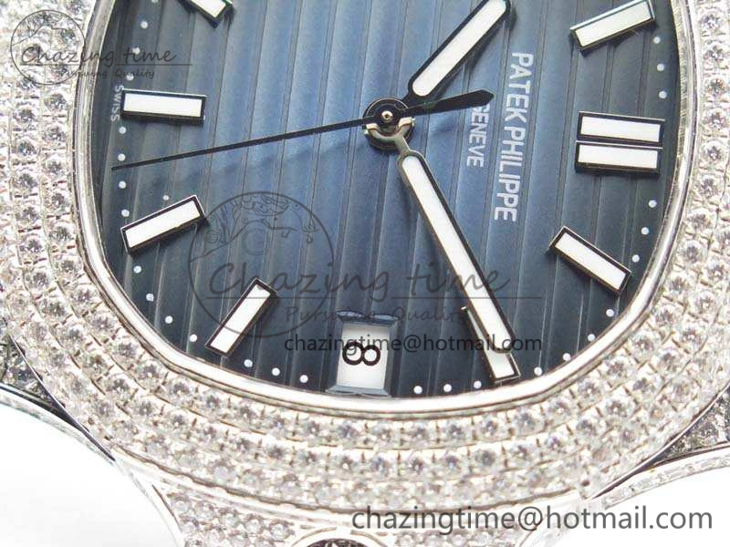 Nautilus Jumbo 5711 SS Full Paved Diamonds Blue Dial On Blue Croc Leather Strap A ComfortFit 9022