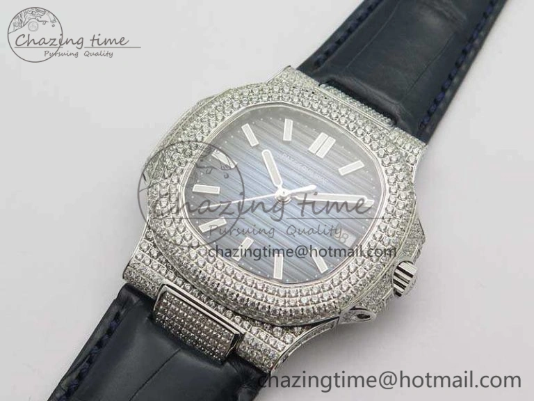 Nautilus Jumbo 5711 SS Full Paved Diamonds Blue Dial On Blue Croc Leather Strap A ComfortFit 9022