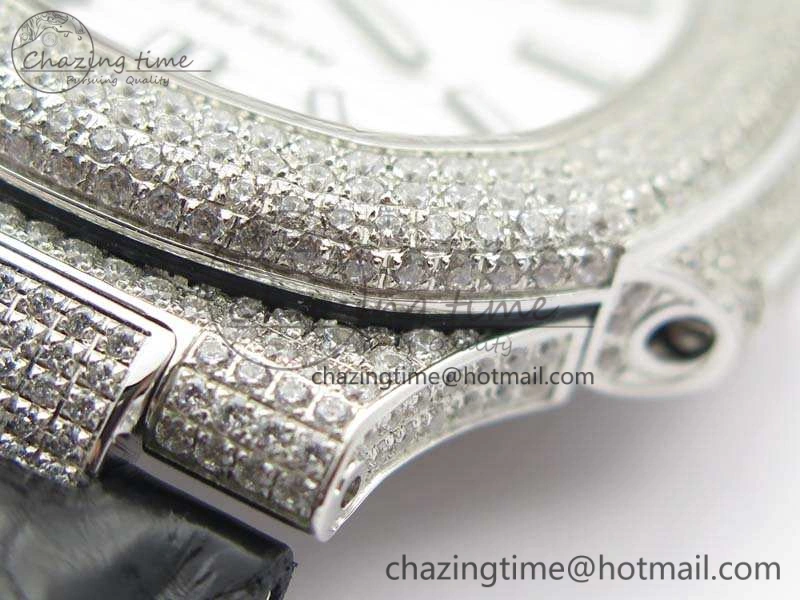 Reliable Nautilus Jumbo 5711 SS Full Paved Diamonds White Dial On Black Croc Leather Strap A 9025