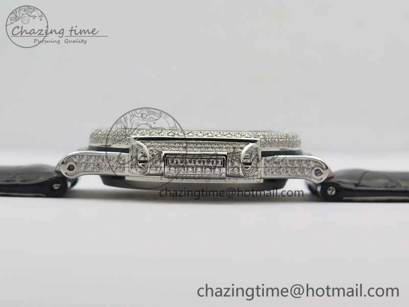 Reliable Nautilus Jumbo 5711 SS Full Paved Diamonds White Dial On Black Croc Leather Strap A 9025