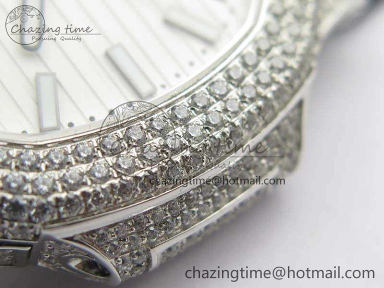 Reliable Nautilus Jumbo 5711 SS Full Paved Diamonds White Dial On Black Croc Leather Strap A 9025