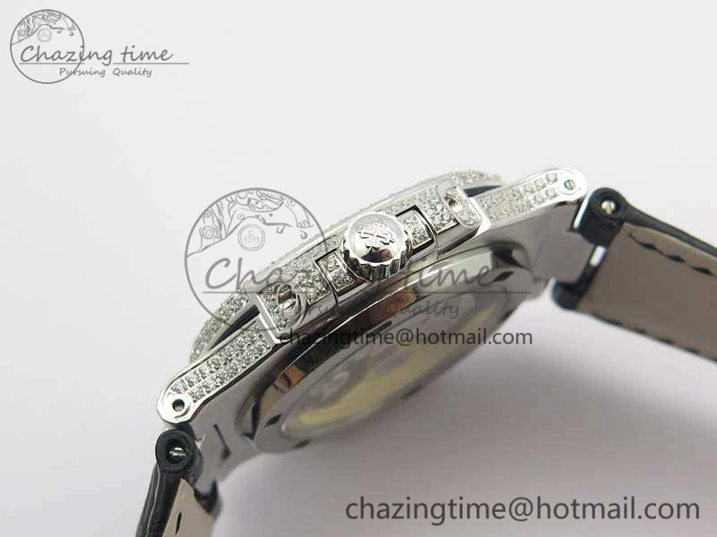 Reliable Nautilus Jumbo 5711 SS Full Paved Diamonds White Dial On Black Croc Leather Strap A 9025