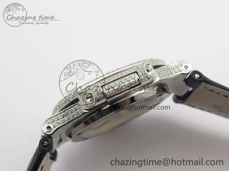 Reliable Nautilus Jumbo 5711 SS Full Paved Diamonds White Dial On Black Croc Leather Strap A 9025