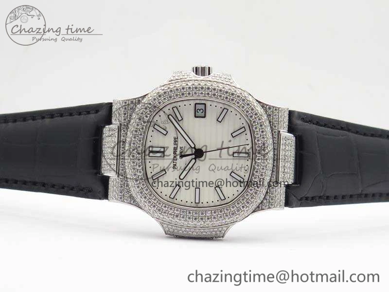 Reliable Nautilus Jumbo 5711 SS Full Paved Diamonds White Dial On Black Croc Leather Strap A 9025