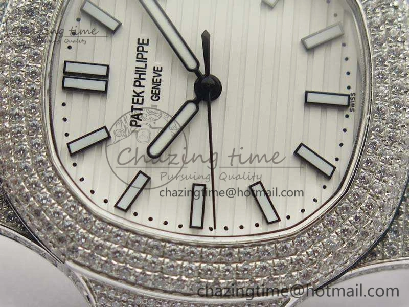 Reliable Nautilus Jumbo 5711 SS Full Paved Diamonds White Dial On Black Croc Leather Strap A 9025