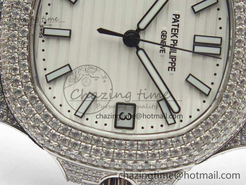 Reliable Nautilus Jumbo 5711 SS Full Paved Diamonds White Dial On Black Croc Leather Strap A 9025