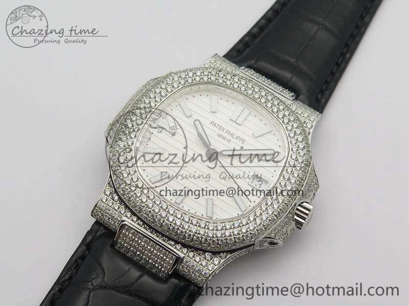 Reliable Nautilus Jumbo 5711 SS Full Paved Diamonds White Dial On Black Croc Leather Strap A 9025
