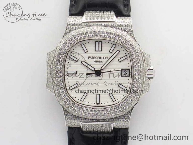 Reliable Nautilus Jumbo 5711 SS Full Paved Diamonds White Dial On Black Croc Leather Strap A 9025