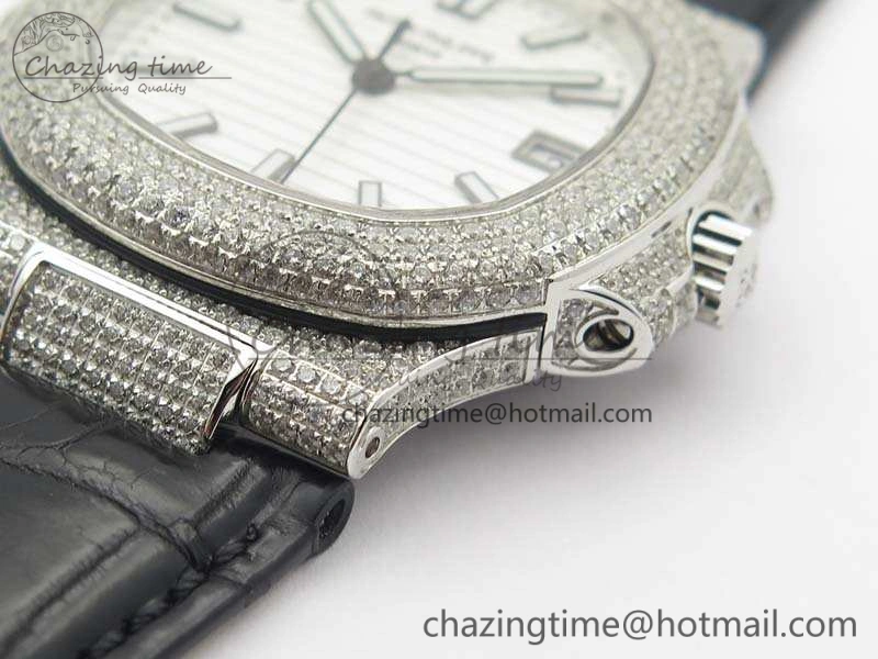 Reliable Nautilus Jumbo 5711 SS Full Paved Diamonds White Dial On Black Croc Leather Strap A 9025