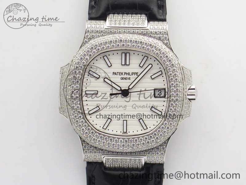 Reliable Nautilus Jumbo 5711 SS Full Paved Diamonds White Dial On Black Croc Leather Strap A 9025