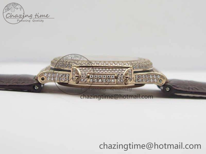 Nautilus Jumbo 5711 Tourbillon RG Full Paved Diamonds White Dial On Brown Croc Leather Strap Elegant 9021