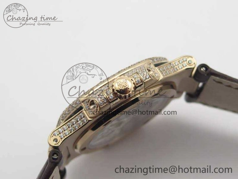 Nautilus Jumbo 5711 Tourbillon RG Full Paved Diamonds White Dial On Brown Croc Leather Strap Elegant 9021