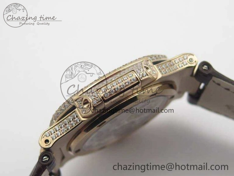 Nautilus Jumbo 5711 Tourbillon RG Full Paved Diamonds White Dial On Brown Croc Leather Strap Elegant 9021