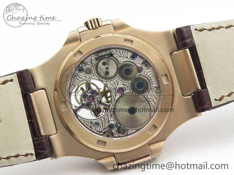 Nautilus Jumbo 5711 Tourbillon RG Full Paved Diamonds White Dial On Brown Croc Leather Strap Elegant 9021