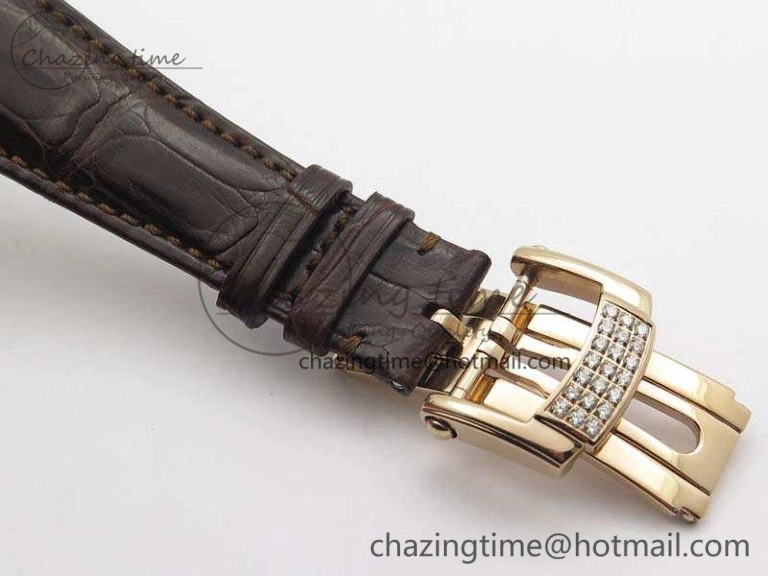 Nautilus Jumbo 5711 Tourbillon RG Full Paved Diamonds White Dial On Brown Croc Leather Strap Elegant 9021