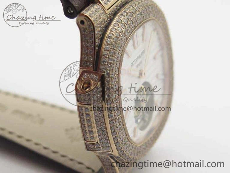 Nautilus Jumbo 5711 Tourbillon RG Full Paved Diamonds White Dial On Brown Croc Leather Strap Elegant 9021