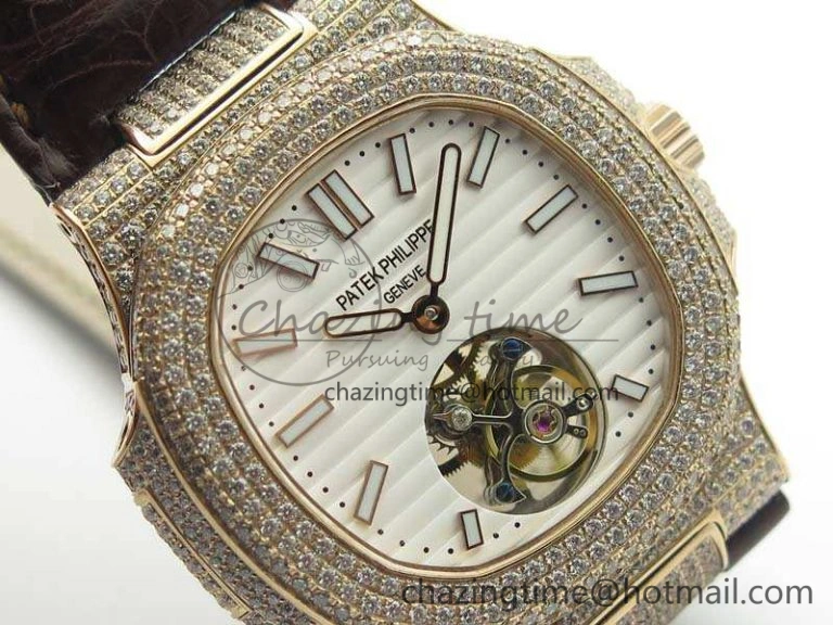 Nautilus Jumbo 5711 Tourbillon RG Full Paved Diamonds White Dial On Brown Croc Leather Strap Elegant 9021