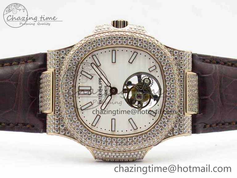 Nautilus Jumbo 5711 Tourbillon RG Full Paved Diamonds White Dial On Brown Croc Leather Strap Elegant 9021