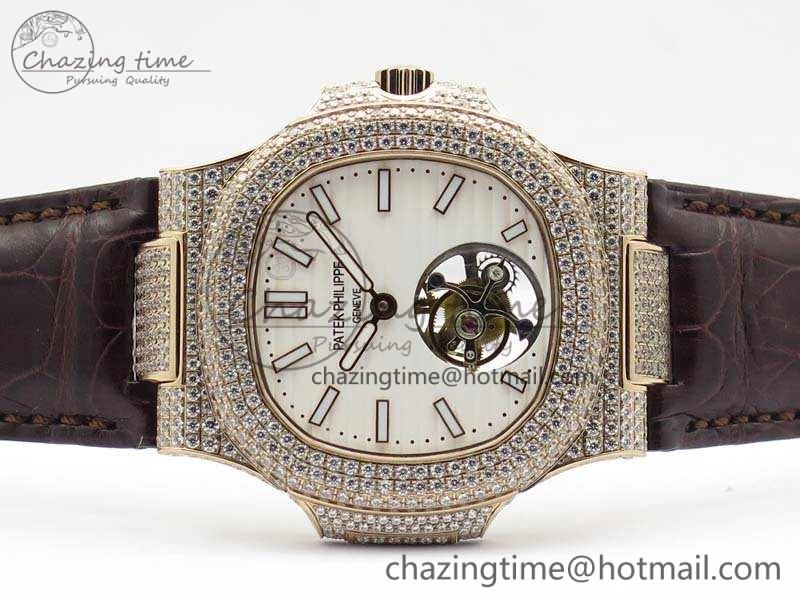 Nautilus Jumbo 5711 Tourbillon RG Full Paved Diamonds White Dial On Brown Croc Leather Strap Elegant 9021