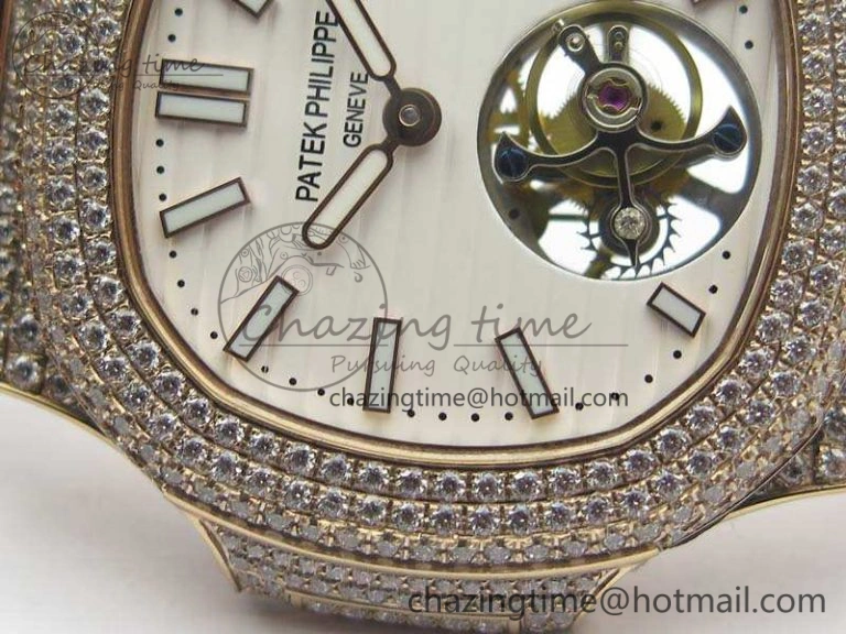 Nautilus Jumbo 5711 Tourbillon RG Full Paved Diamonds White Dial On Brown Croc Leather Strap Elegant 9021