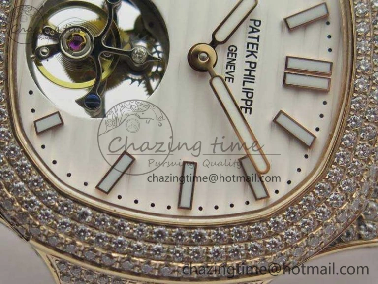 Nautilus Jumbo 5711 Tourbillon RG Full Paved Diamonds White Dial On Brown Croc Leather Strap Elegant 9021