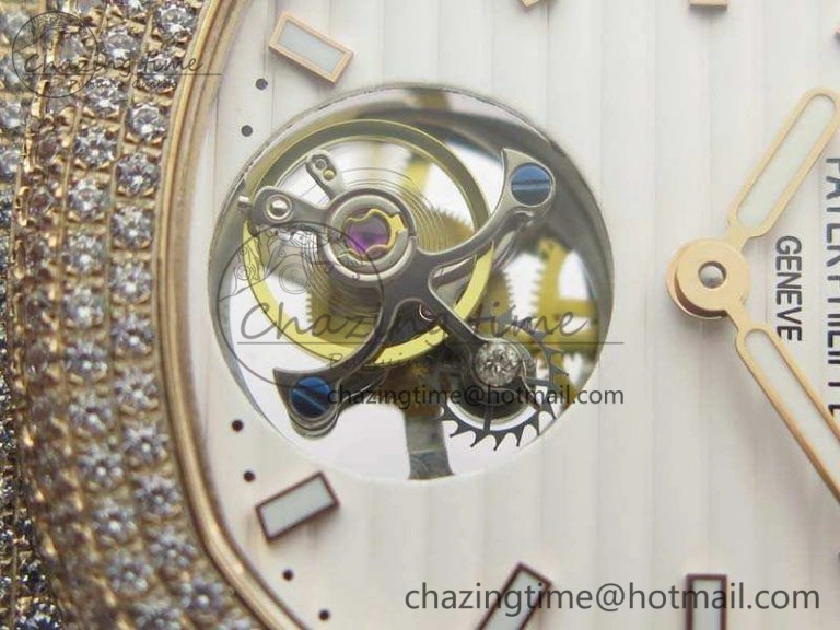 Nautilus Jumbo 5711 Tourbillon RG Full Paved Diamonds White Dial On Brown Croc Leather Strap Elegant 9021