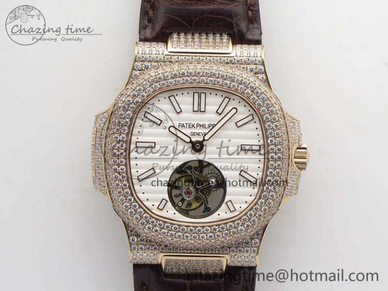 Nautilus Jumbo 5711 Tourbillon RG Full Paved Diamonds White Dial On Brown Croc Leather Strap Elegant 9021