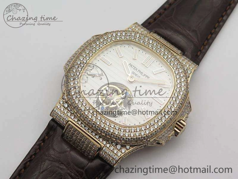 Nautilus Jumbo 5711 Tourbillon RG Full Paved Diamonds White Dial On Brown Croc Leather Strap Elegant 9021