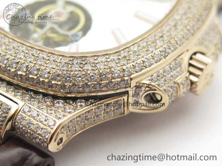 Nautilus Jumbo 5711 Tourbillon RG Full Paved Diamonds White Dial On Brown Croc Leather Strap Elegant 9021