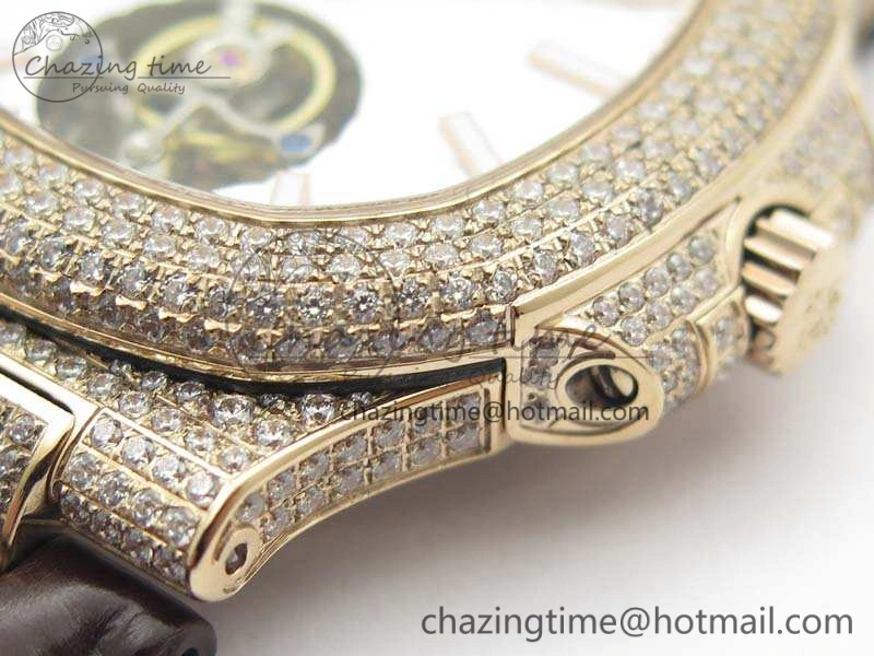 Nautilus Jumbo 5711 Tourbillon RG Full Paved Diamonds White Dial On Brown Croc Leather Strap Elegant 9021