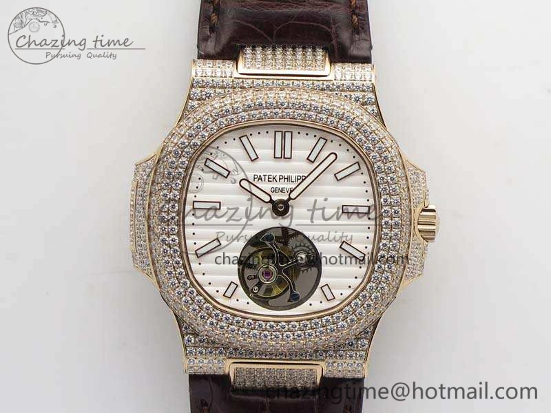 Nautilus Jumbo 5711 Tourbillon RG Full Paved Diamonds White Dial On Brown Croc Leather Strap Elegant 9021