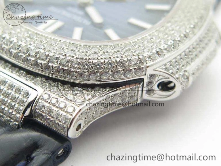 Nautilus Jumbo 5711 Tourbillon SS Full Paved Diamonds Blue Dial On Blue Croc Leather Strap Fashionable 9017