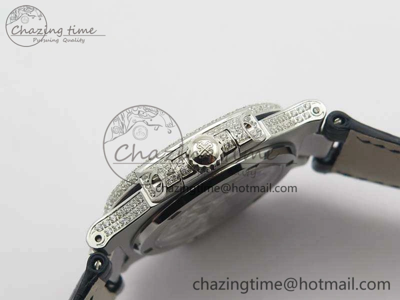 Nautilus Jumbo 5711 Tourbillon SS Full Paved Diamonds Blue Dial On Blue Croc Leather Strap Fashionable 9017