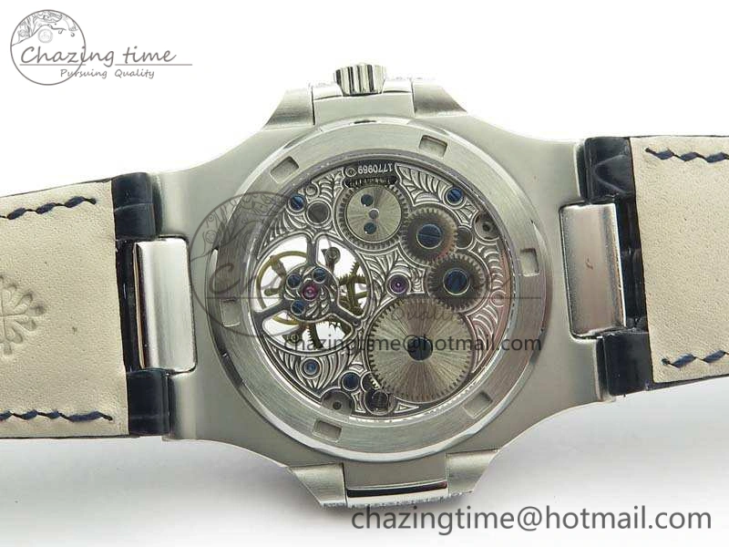 Nautilus Jumbo 5711 Tourbillon SS Full Paved Diamonds Blue Dial On Blue Croc Leather Strap Fashionable 9017