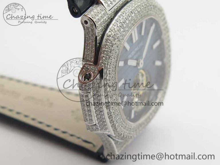 Nautilus Jumbo 5711 Tourbillon SS Full Paved Diamonds Blue Dial On Blue Croc Leather Strap Fashionable 9017