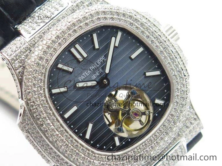 Nautilus Jumbo 5711 Tourbillon SS Full Paved Diamonds Blue Dial On Blue Croc Leather Strap Fashionable 9017