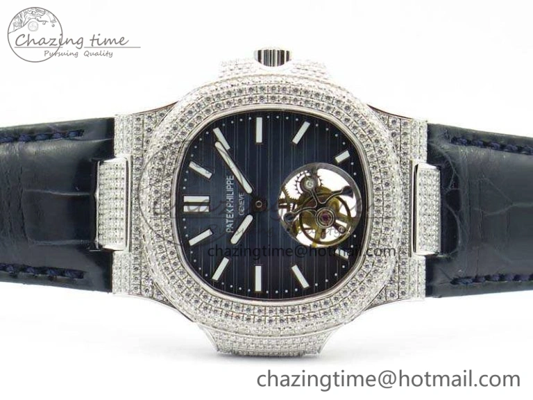 Nautilus Jumbo 5711 Tourbillon SS Full Paved Diamonds Blue Dial On Blue Croc Leather Strap Fashionable 9017