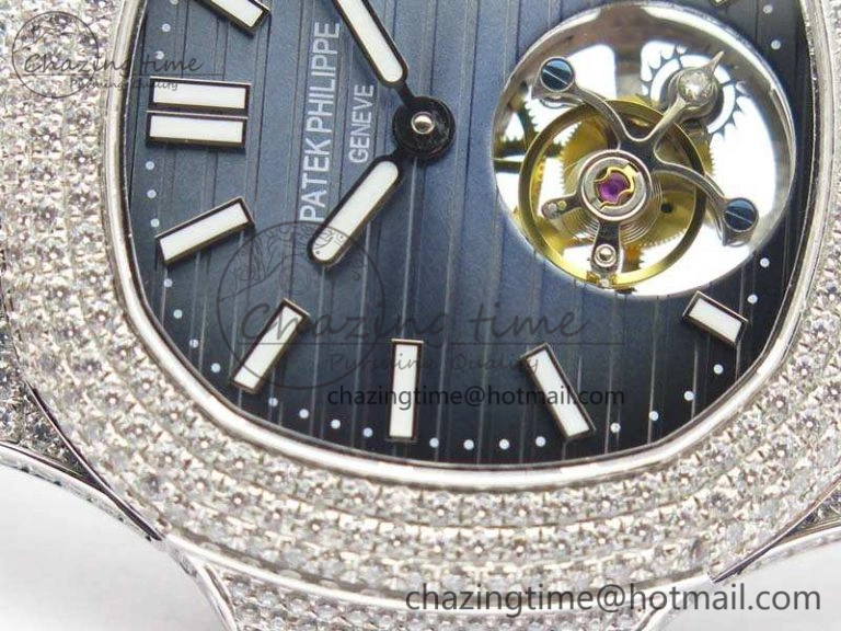 Nautilus Jumbo 5711 Tourbillon SS Full Paved Diamonds Blue Dial On Blue Croc Leather Strap Fashionable 9017