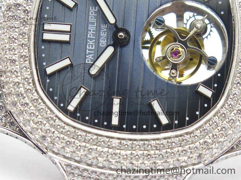 Nautilus Jumbo 5711 Tourbillon SS Full Paved Diamonds Blue Dial On Blue Croc Leather Strap Fashionable 9017